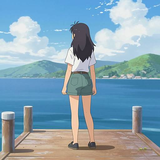 Anime-style drawing of a girl with long black hair, white shirt, and green shorts, standing on a wooden dock overlooking a blue ocean with green hills