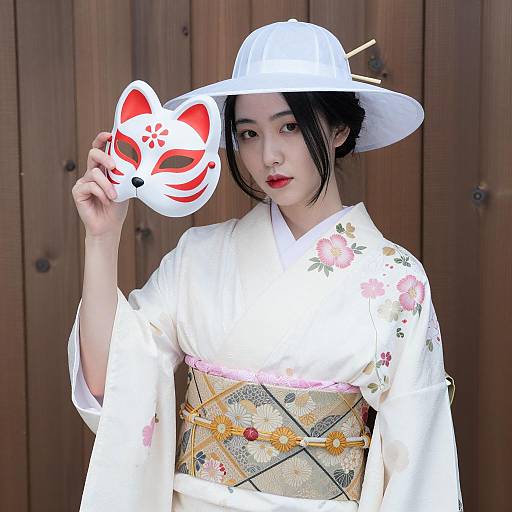 Woman in White Kimono Holding Fox Mask