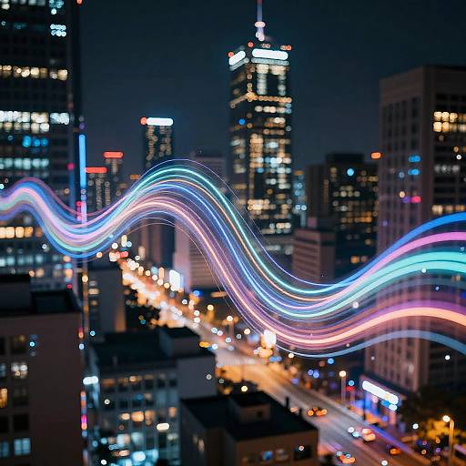 Night cityscape photograph with vibrant, wavy light trails in blue, pink, and white over illuminated skyscrapers and bustling streets.