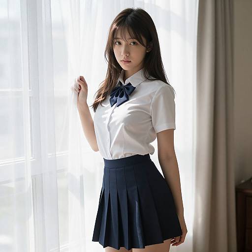 Young Woman in Classic Schoolgirl Outfit by Window