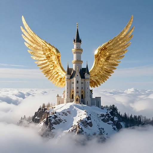 Photograph of a majestic, golden-winged castle with a tall spire, perched on a snowy mountain peak, surrounded by clouds.