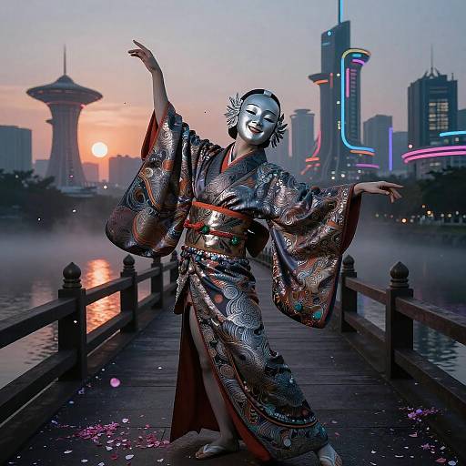 Silver-Masked Noh Dancer at Dawn