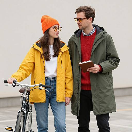 Photograph of a young couple walking; woman in orange beanie, yellow coat, blue jeans, holding bike; man in green coat, red sweater