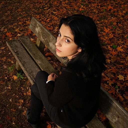 Photograph of a young woman with dark hair, pale skin, and intense eyes, sitting on a wooden bench in an autumnal forest, surrounded by