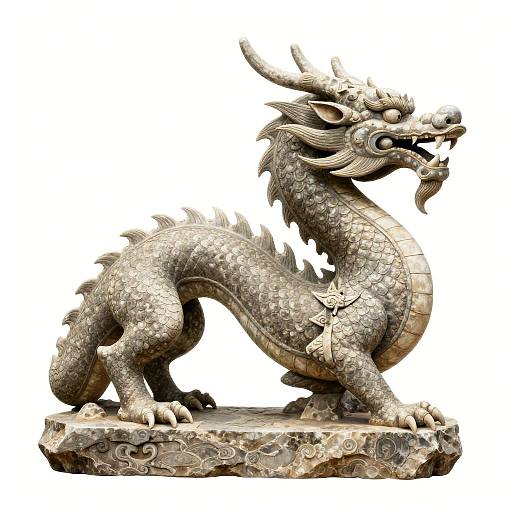 Photograph of a detailed, silver-colored, traditional Chinese dragon statue with intricate scales, horns, and a star-shaped ornament on its side.