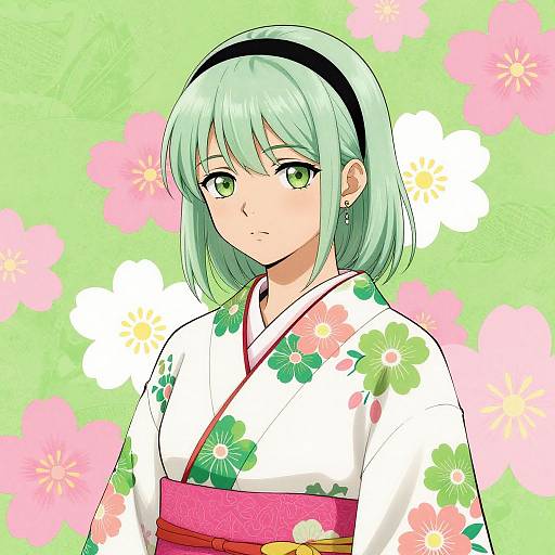 Digital anime-style drawing of a green-eyed girl with mint-green hair, wearing a white floral kimono with a pink obi, against a green background