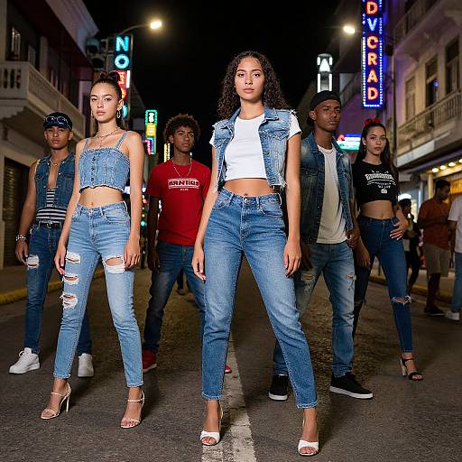 Photograph of six diverse models in blue denim outfits, standing on a neon-lit street at night, showcasing casual, trendy urban fashion.