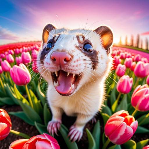 Playful Ferret Among Colorful Tulips