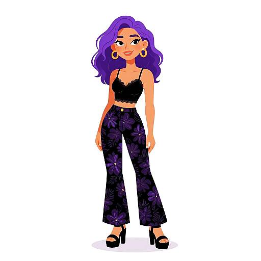 Digital illustration of a confident woman with purple hair, wearing a black lace crop top, floral-patterned high-waisted pants, and black high heels