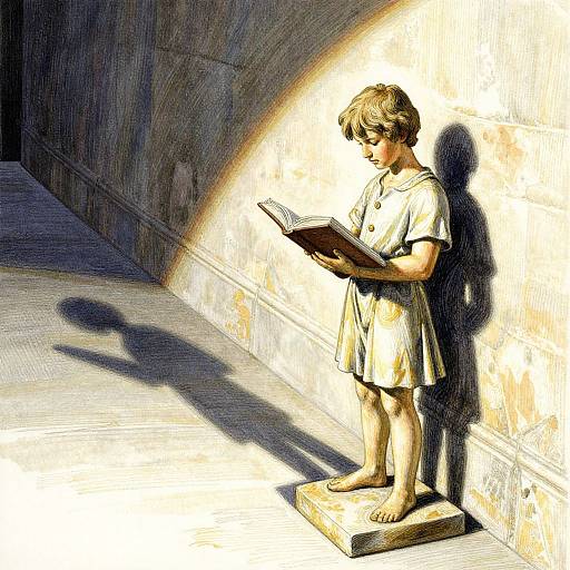 Digital drawing of a young boy with short blond hair, barefoot, wearing a white t-shirt and shorts, reading a book against a sunlit,