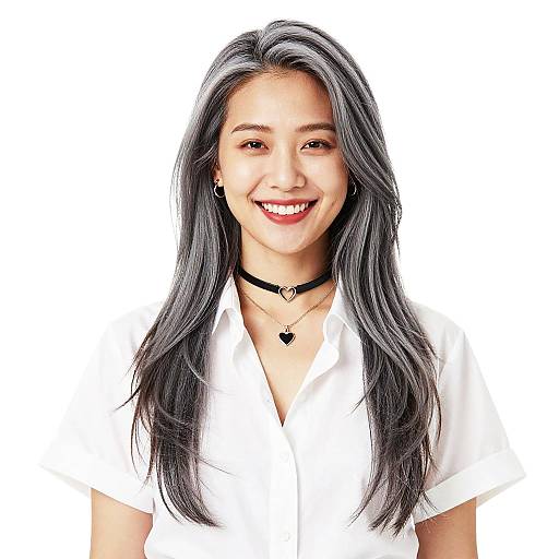 Photograph of a smiling Asian woman with long, straight black hair, wearing a white shirt, black choker with heart pendant, white background.