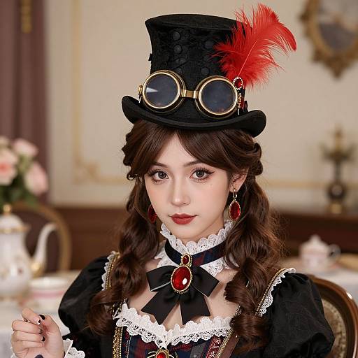 Victorian-style photograph of an Asian woman with fair skin, dark brown wavy hair, wearing a black top hat with red feather, round gold-r