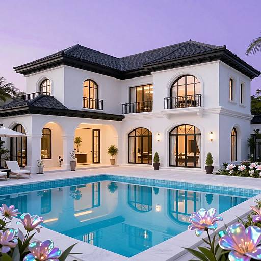 Photograph of a luxurious, white, two-story Mediterranean-style mansion with black tile roof, arched windows, balconies, illuminated at dusk, reflecting