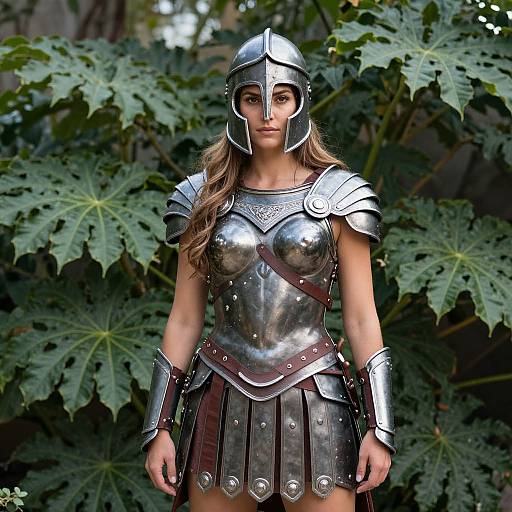 Photograph of a young woman in medieval-style silver armor with a bronze helmet, standing in front of lush green leaves.