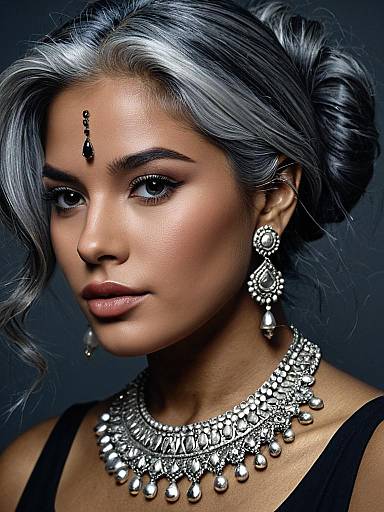 Elegant Indian Woman with Grey Hair and Silver Jewelry