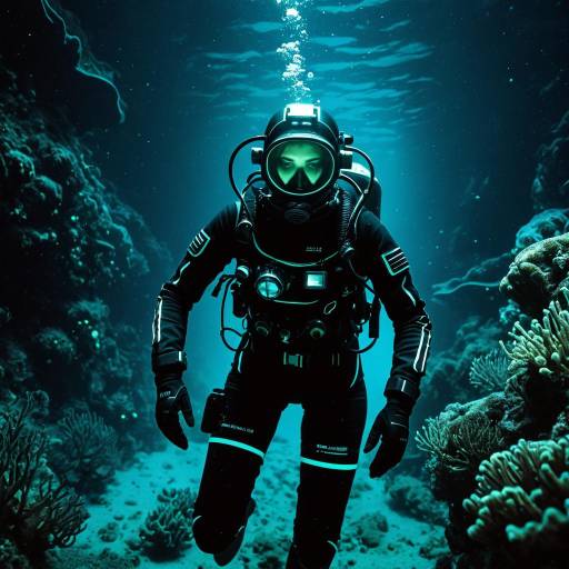 Bioluminescent Deep-Sea Diver in Underwater Trench