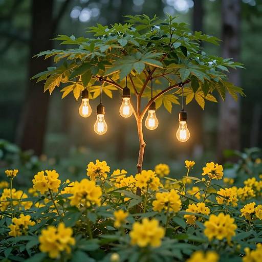 Glowing Lightbulbs Among Yellow Blooms