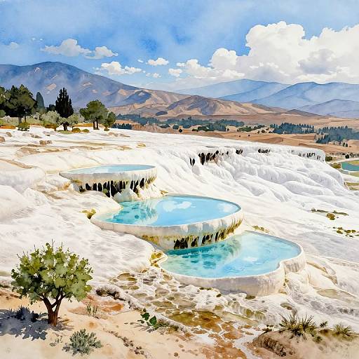 Watercolor Painting of Pamukkale Pools