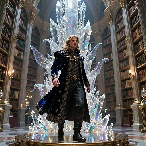 A blond man in a black, ornate coat stands confidently in front of an illuminated, crystalline throne in a grand library. (Photographic CGI