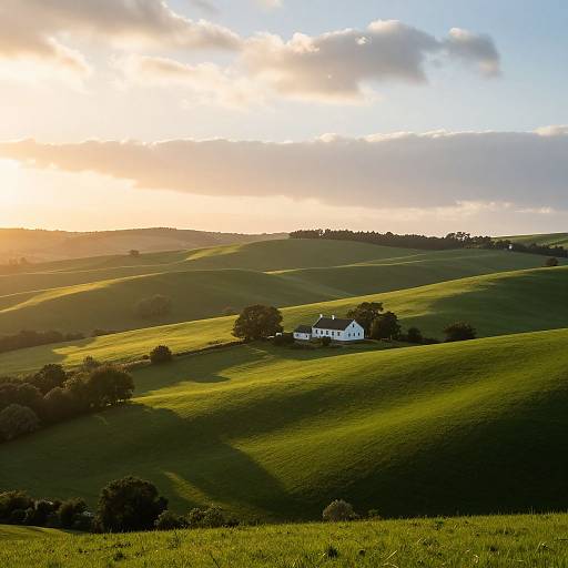 Photograph of a serene countryside at sunset, featuring a white house with a black roof nestled in rolling green hills, under a sky with soft, golden