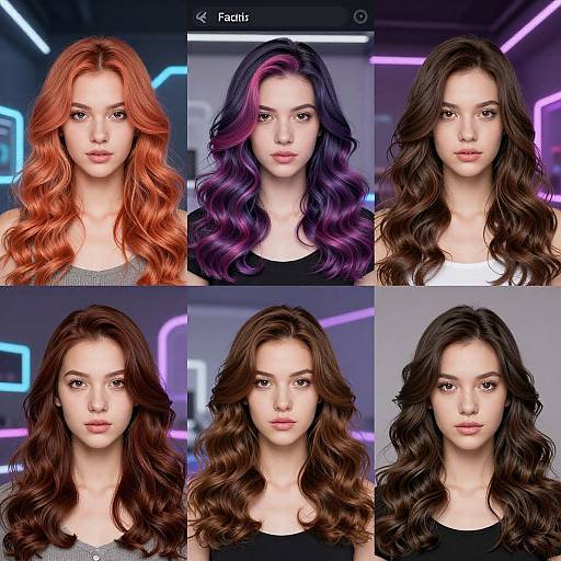 Photograph collage of six women with different wavy hair colors: red, purple, dark brown, brown, dark brown, and black, set against