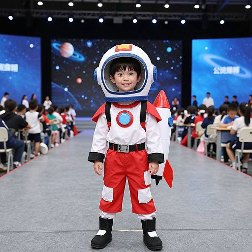 Photograph of a smiling Asian toddler in a white and red astronaut costume with a large helmet, standing on a gray runway in a brightly lit, star