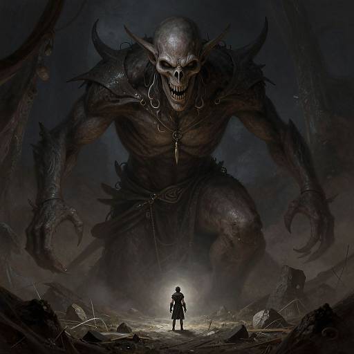 Digital artwork of a dark, towering skeletal monster with sharp teeth and claws looming over a small, silhouetted figure in a ruined, foggy
