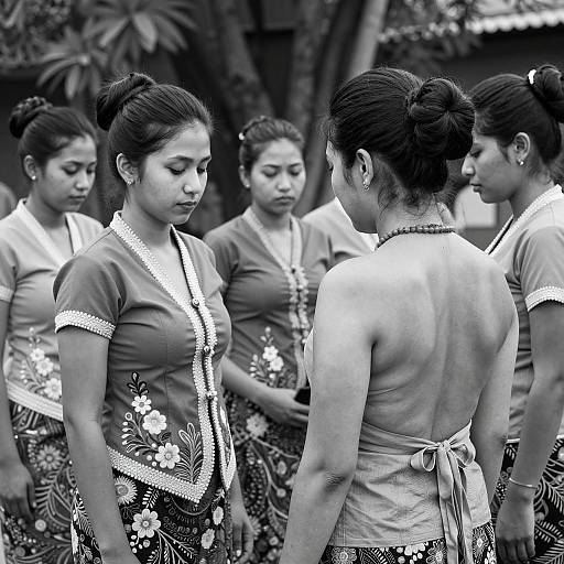 Group of Women in Traditional Floral Dresses