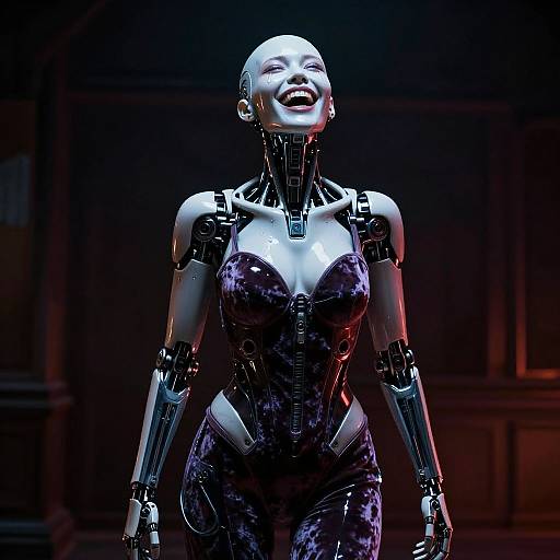 CGI image of a smiling, bald, female android with a black, glossy, strapless dress, illuminated by blue and red lights.