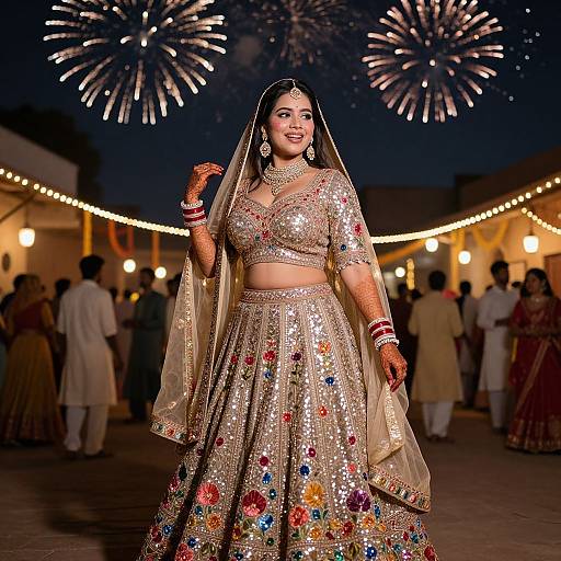 Photograph of a smiling South Asian bride in a glittering, floral-embroidered traditional outfit, with a veil, under a night sky filled