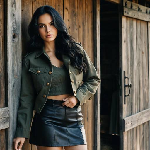 Woman in Military Jacket and Leather Skirt by Barn Door