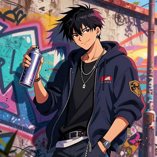 Anime-style drawing of a black-haired, brown-eyed young man in a black hoodie and jeans, holding a can, standing against a colorful graffiti wall.