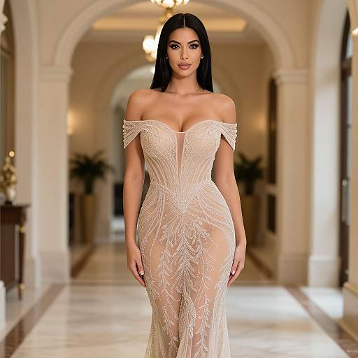 Photograph of a stunning woman with long black hair in an off-shoulder, sheer, white lace gown with intricate floral patterns, walking down a