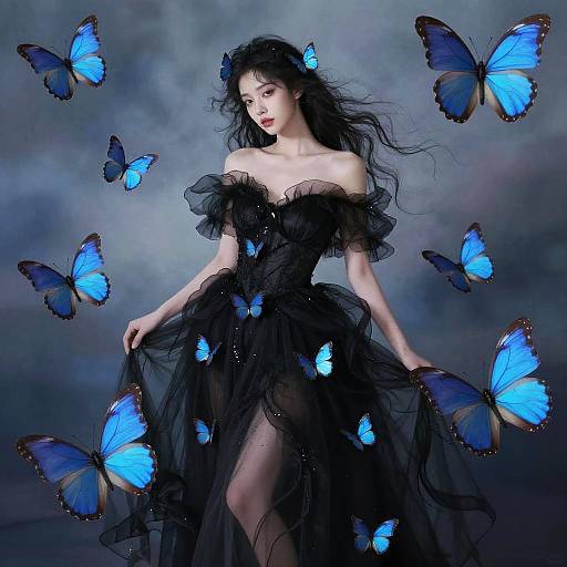 Woman in Black Gown with Blue Butterflies