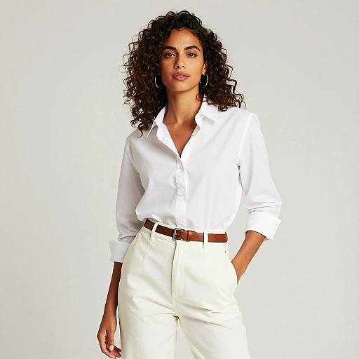 Photograph of a confident woman with curly dark hair, wearing a white button-up shirt and high-waisted white pants, against a plain white background