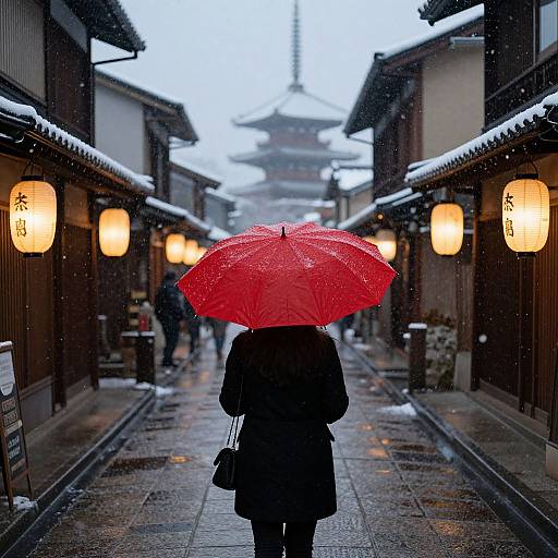 Photograph of a person in a black coat holding a red umbrella, walking down a wet, snow-flurrying, lantern-lit traditional Japanese street