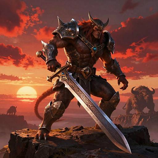 Digital art of a muscular, horned warrior with dark skin, wearing armor and holding an ornate sword, standing on a rocky cliff at sunset,