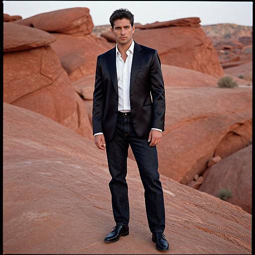 Photograph of a handsome man with short dark hair, wearing a black suit, white shirt, and black shoes, standing on red rock formations in a