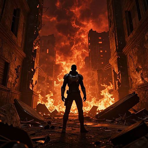 Silhouetted soldier stands defiantly in fiery, ruined urban alleyway; intense orange flames engulf crumbling, darkened buildings in dramatic, apocalyptic