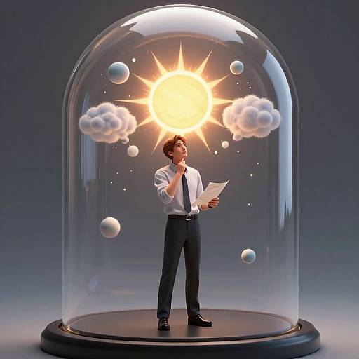 Photograph of a man in a white shirt and blue tie, holding papers, standing under a clear dome with a bright sun and clouds inside.