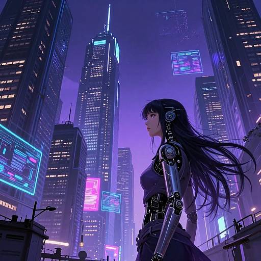 Cyberpunk cityscape at night with a female android in profile, featuring neon lights, towering skyscrapers, and futuristic technology. Digital art.