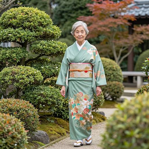 Photograph of an elderly Japanese woman in a teal kimono with floral patterns, standing in a serene garden with greenery and autumn foliage.