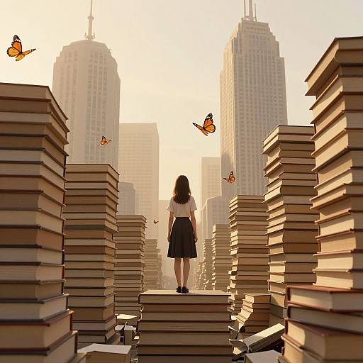 Photograph: Woman in white blouse and black skirt stands on stack of books, facing cityscape with towering skyscrapers; orange butterflies flutter around.