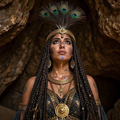 Photograph of a dark-skinned woman with peacock feather headdress, intricate gold jewelry, black beaded braids, and face paint, set