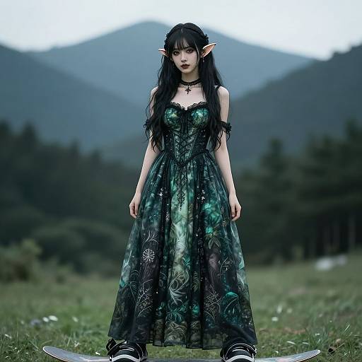 Photograph of a pale-skinned, black-haired elf woman with pointed ears, wearing a black, green floral dress, standing in a misty forest