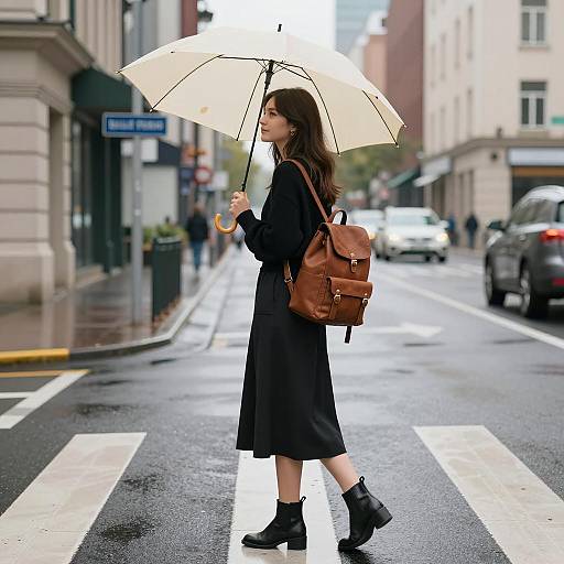 Young Woman with Umbrella on Wet City Street