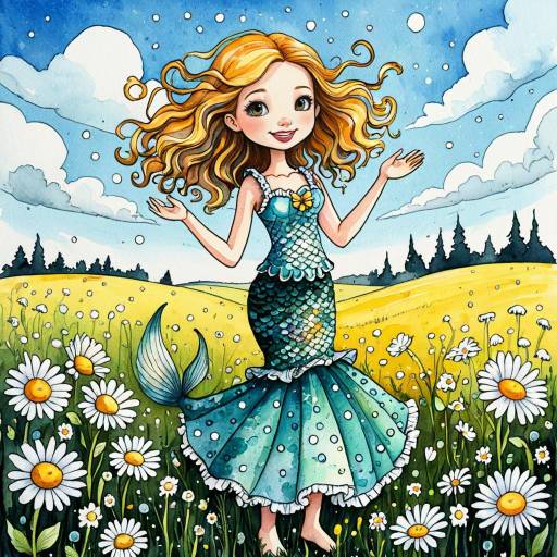 Cartoon Mermaid Girl in Daisy Field
