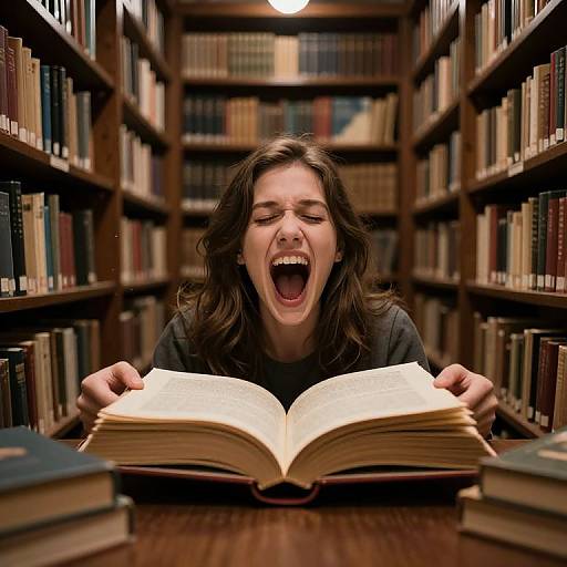 Photograph of a young woman with long brown hair, mouth open in excitement, holding an open book in a dimly lit, wooden bookshelf-filled