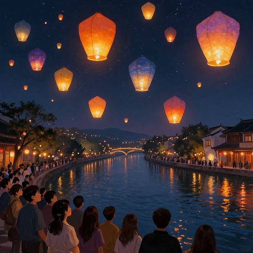 Photograph of a nighttime lantern festival over a serene river, with colorful paper lanterns glowing against a starry sky, surrounded by people and traditional buildings