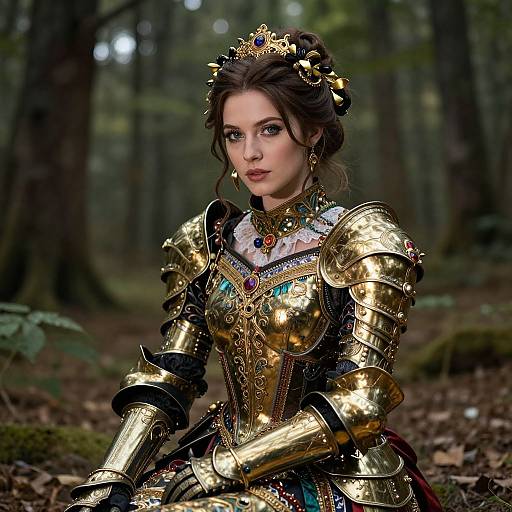 Photorealistic digital art of a fair-skinned, blue-eyed woman with dark brown hair in elaborate golden armor, adorned with jewels, seated in a